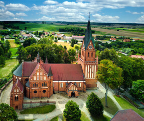 Basilica Shrine of Our Lady Gietrzwald, place of the apparitions of Mary the Mother of God, Warmia - Masuria Province, aerial view