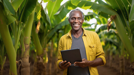 A middle-aged African-American man farmer using a digital tablet to control the condition of plants on the banana plantation. Concept of agricultural automation business, smart farming technology