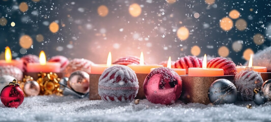 Christmas Decorations With Colorful Candles On A Snowy Christmas Background AI Generative