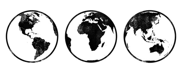 Earth globe stamps with distressed texture isolated on transparent background © HTGanzo