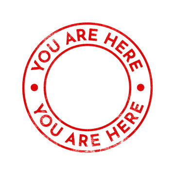 &lsquo;You Are Here&rsquo; red rubber stamp with distressed texture isolated on transparent background