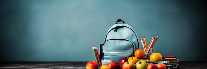 Organization for Success: Blue School Bag with Books and School Accessories on Grey Background, inspiring students to stay organized and achieve their goals.