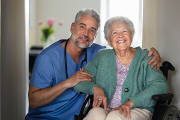 Portrait of caregiver with patient, senior woman in her home.