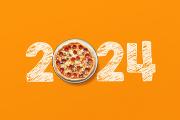 happy new year 2024. 2024 with pizza 