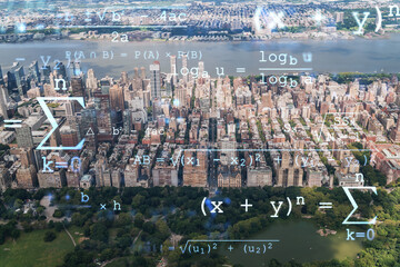 Aerial panoramic helicopter city view of Upper West Side Manhattan neighborhoods and Central Park, New York, USA. Technologies, education concept. Academic research, top ranking university, hologram