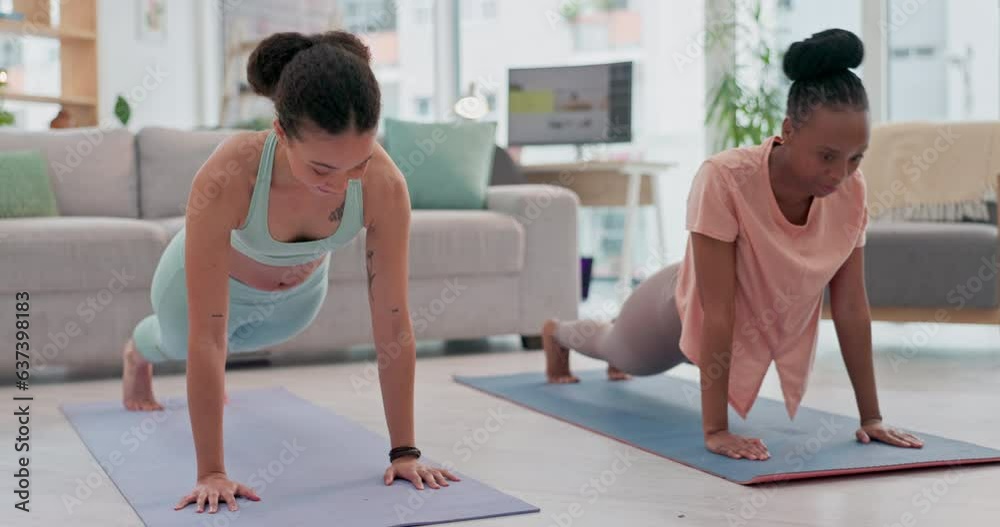 Wall mural Fitness, yoga and friends in the living room of a home together for wellness or body flexibility. Exercise, health and training on the floor with young yogi women in a house for a pilates workout