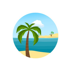 Fototapeta na wymiar Beautiful landscape in circle shape with palm tree, sea, blue sky and clouds. Flat illustration of Beach vacation isolated. Colorful colorful design and view of a beach holiday on a round shape.Vector