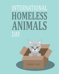 Pets adoption vector illustration. Cat in a box on isolated background. International homeless animals day conceptsign concept.