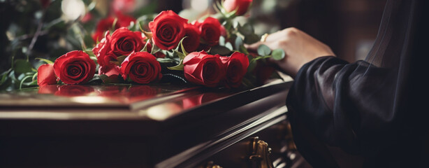 woman put roses on the lid of the coffin close-up, legal AI