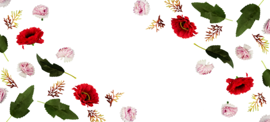 Red and pink flowers flat lay banner copy space