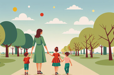 Colorful Family Outing: A Serene Park Walk