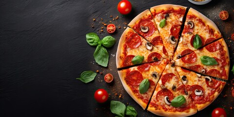 Top view of freshly delicious homemade pizza with cheese and tomato on rustic wooden table Italian...