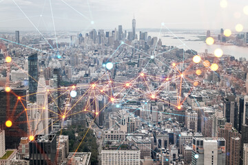 Fototapeta na wymiar Aerial panoramic city view of Lower Manhattan, Midtown, Downtown, Financial district, West Side at day time, NYC, USA. Social media hologram. Concept of networking and establishing new connections