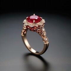 ring with a red ruby on dark plain background (Generative AI)