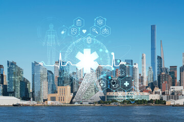 New York City skyline from New Jersey over the Hudson River towards Midtown Manhattan at day time. Health care digital medicine hologram. The concept of treatment and disease prevention