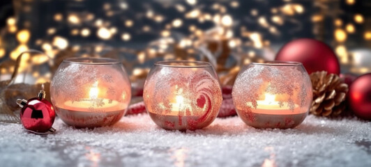 Fototapeta premium Christmas Decorations With Colorful Candles On A Snowy Background. Focus Stacking Bright Light AI Generative