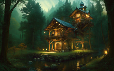Fototapeta na wymiar Artistic concept painting of a beautiful tree house, background illustration. Mysterious house in the forest, fairy tale.