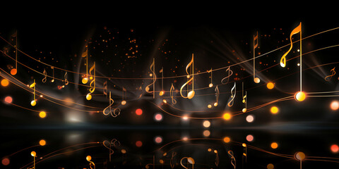 music background with musical notes on black background - obrazy, fototapety, plakaty