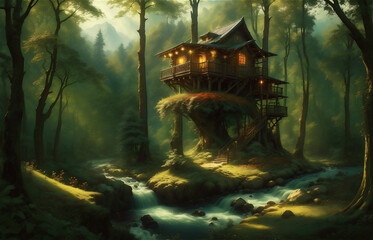 Artistic concept painting of a beautiful tree house, background illustration. Mysterious house in the forest, fairy tale.