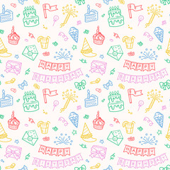 Vector illustration Happy birthday party doodle seamless pattern.