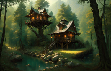 Artistic concept painting of a beautiful tree house, background illustration. Mysterious house in the forest, fairy tale.