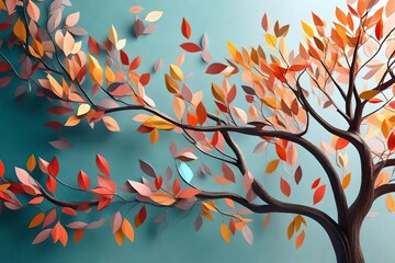 Colorful tree with leaves on hanging branches illustration background. 3d abstraction wallpaper for interior mural wall art decor. Floral tree with multicolor leaves 3d rendering