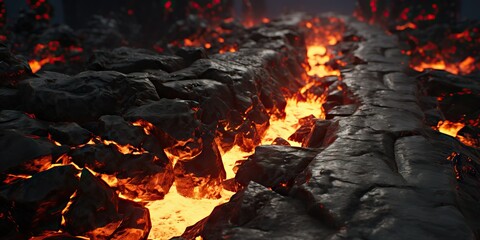 Molten lava texture background. Ground hot lava. Burning coals, crack surface. Abstract nature pattern, glow faded flame. 3D Render Illustration.