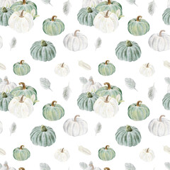 Hand drawn watercolor seamless pattern with pumpkins