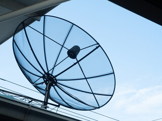 satellite dish radio radar sky blue background copy space technology television science equipment...