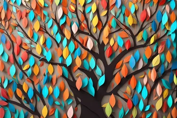 Stickers pour porte Coloré Colorful tree with leaves on hanging branches illustration background. 3d abstraction wallpaper for interior mural wall art decor. Floral tree with multicolor leaves 3d rendering