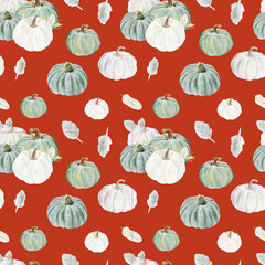 Hand drawn watercolor seamless pattern with pumpkins