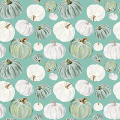Handpainted seamless watercolor pattern with pumpkins
