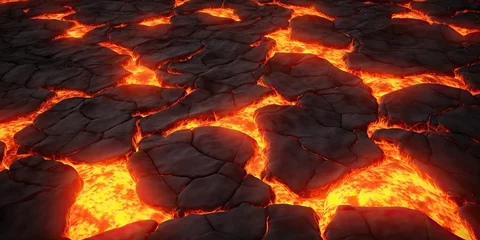 Foto op Plexiglas Molten lava texture background. Ground hot lava. Burning coals, crack surface. Abstract nature pattern, glow faded flame. 3D Render Illustration. © Artem