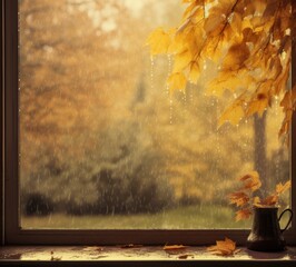 A window sill with a vase and leaves on the window sill