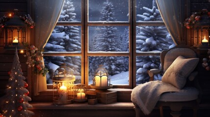 A christmas scene with candles and a window