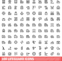 100 lifeguard icons set. Outline illustration of 100 lifeguard icons vector set isolated on white background