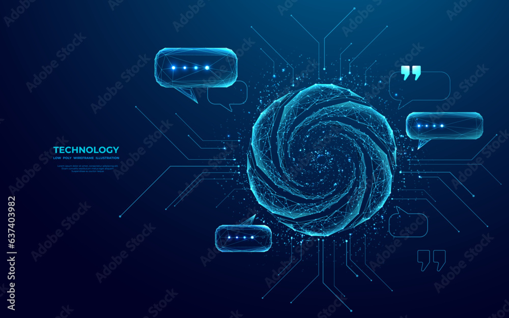 Poster Abstract chatbot icon and talk bubble speech in futuristic low poly wireframe style. Technological banner. Artificial intelligence concept on blue background. Generated text and answers to questions.