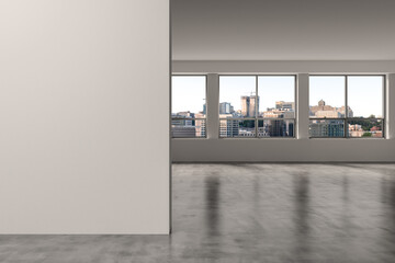 Downtown Seattle City Skyline Buildings from High Rise Window. Beautiful Expensive Real Estate overlooking. Empty room Interior. Mockup wall. Skyscrapers Cityscape. Day. USA. 3d rendering