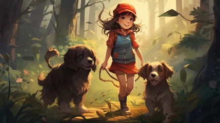 Gordijnen A girl and two dogs in the woods © Maria Starus