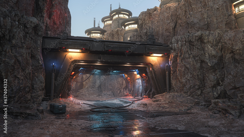 Poster fantasy science fiction alien planet outpost space station in a rocky mountain landscape. 3d renderi
