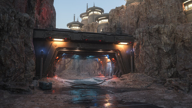 Fantasy science fiction alien planet outpost space station in a rocky mountain landscape. 3D rendering.