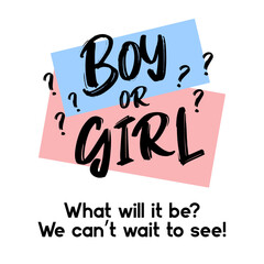 Boy or Girl? Gender reveal party card, banner vector element design. Invitation card template with a multi-colored inscription