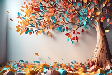 Colorful tree with leaves on hanging branches illustration background. 3d abstraction wallpaper for interior mural wall art decor. Floral tree with multicolor leaves 3d rendering