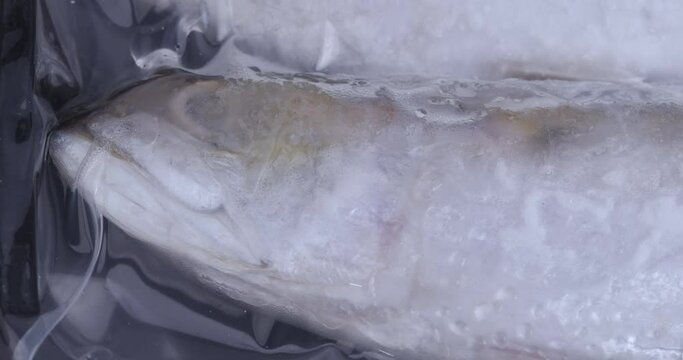 4K footage Time lapse Close-up top view, Frozen fish in plastic wrap is thawing.