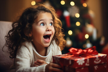 Happy latina little girl with christmas gift at home with background of christmas tree - Powered by Adobe
