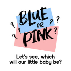 Blue or Pink? Gender reveal party card, banner vector element design. Invitation card template with a multi-colored inscription