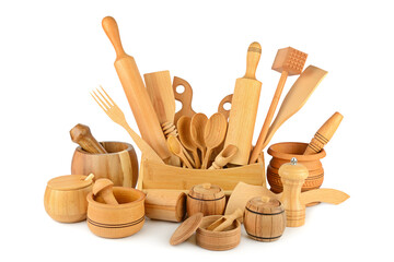 Kitchen wooden utensils (shovel, fork, spoon, etc.) isolated on white