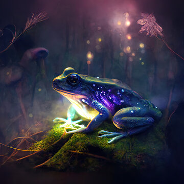 .A magic frog in a dark misty forest with dramatic phantasmal iridescent lighting, ai generated