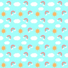 seamless pattern with cloud, rainbow, sun on blue background 