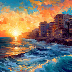 Late summer sunset on the city coast; Sunset reflecting on the sea; Sunglint over the ocean; Town ​​during late sunset; Beautiful sky; Restless waves crash into the city's shore;
Resolution 4000x4000